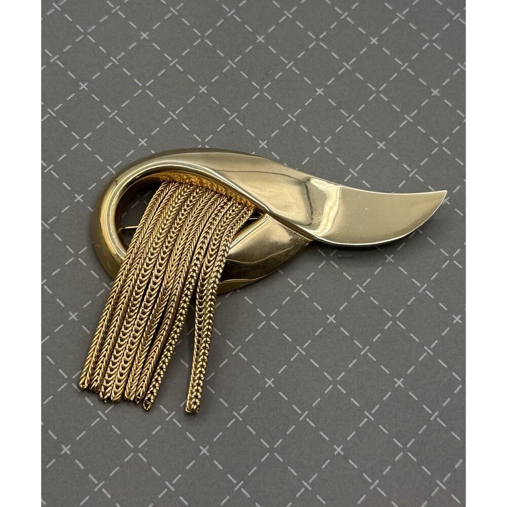 Vintage Gold Tone Modernist Brooch Pin Chain Fringe Waterfall Statement Pin Deco